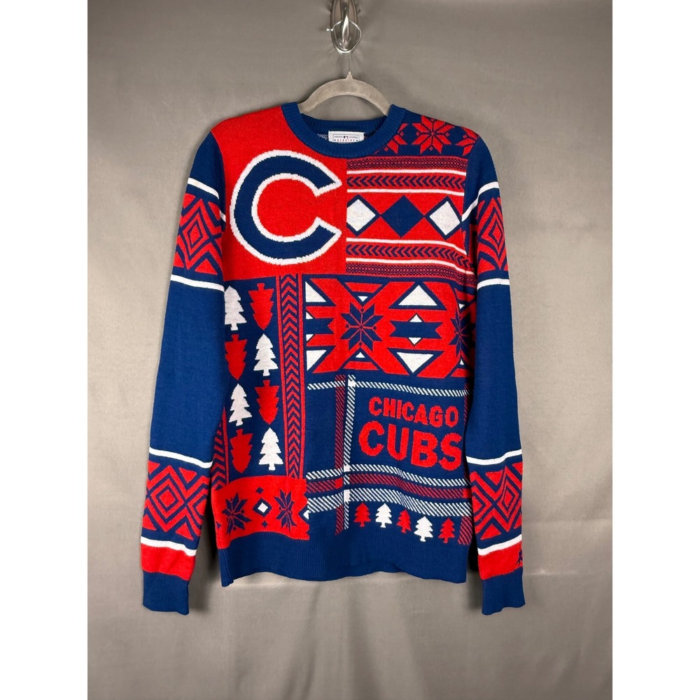 KLEW Chicago Cubs Sweater Mens S Blue Red Patchwork Ugly Christmas MLB Knit